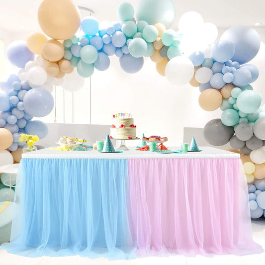 Suppromo 9ft Pink and Blue Gender Reveal Table Skirt Tulle Tutu Table Clothes Cover for Baby Shower Boy or Girl Birthday Party Wedding Cake Decorations