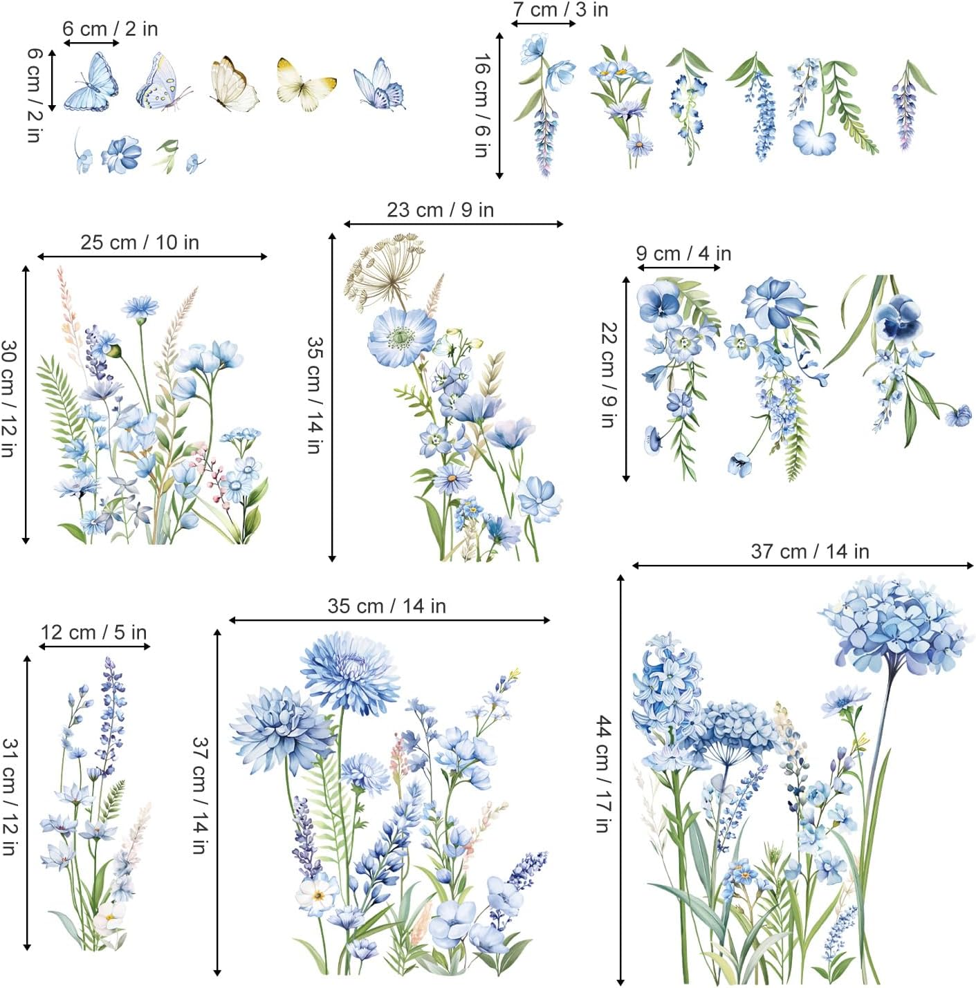 decalmile Wildflower Wall Stickers Blue Floral Garden Flower Wall Decals Girls Bedroom Baby Nursery Living Room Wall Decor