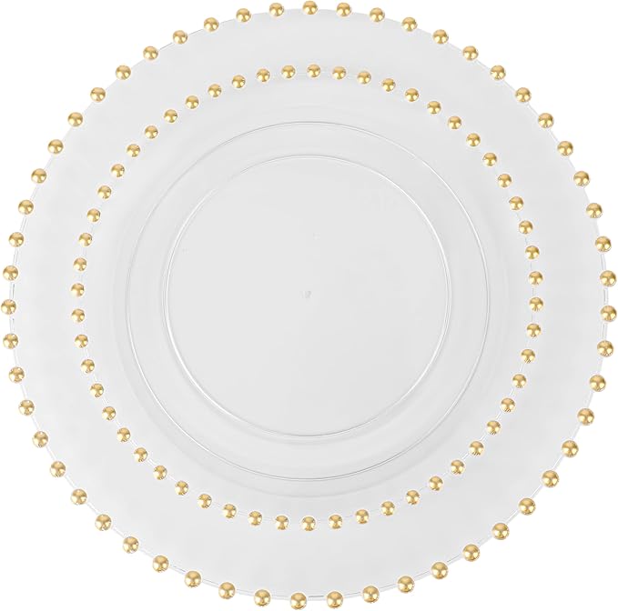 PLASTICPRO 128 Piece Combo Plastic Dinner Plates Disposable Plastic Fancy Heavy Duty Party Dishes 7 inch and 10 inch, Clear and Gold Beaded