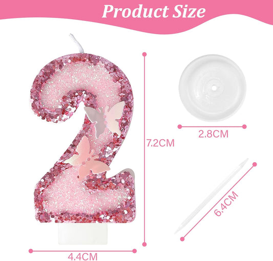 2th Birthday Candles，Glitter Butterfly Cake Toppers Pink Sequins Wedding Numeral Cupcake Decorations，Suitable for Girl and boy Wedding Cakes, Party Celebrations, Birthday Decorations