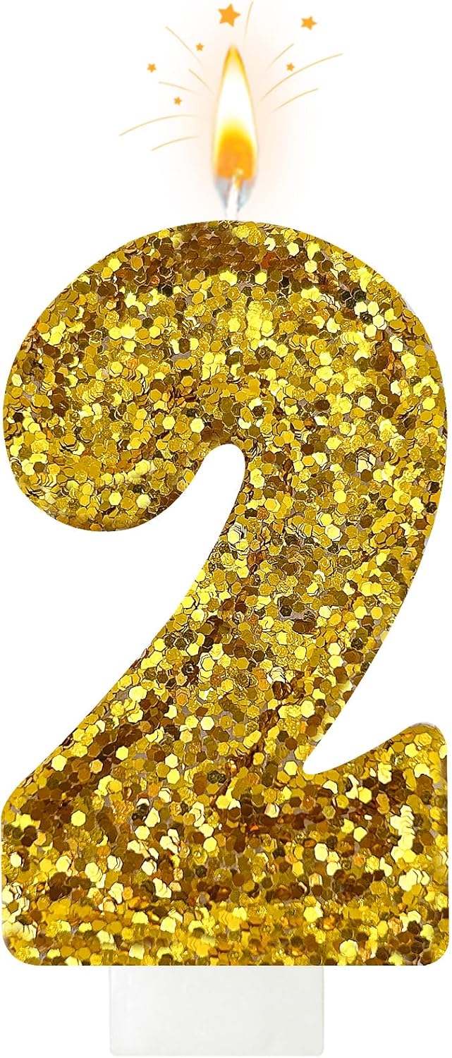 Birthday Number Candles, Glitter Number Candle Cake Decorations with Sequins, Cupcake Decorations for Girls, Women, Party Anniversary Celebrations (Number 2, Golden)