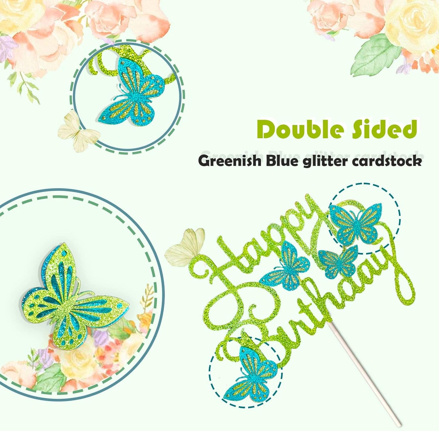 13-Piece Butterfly Cake Toppers - 3D Cupcake Toppers for Girls & Women's Birthdays (Greenish Blue)