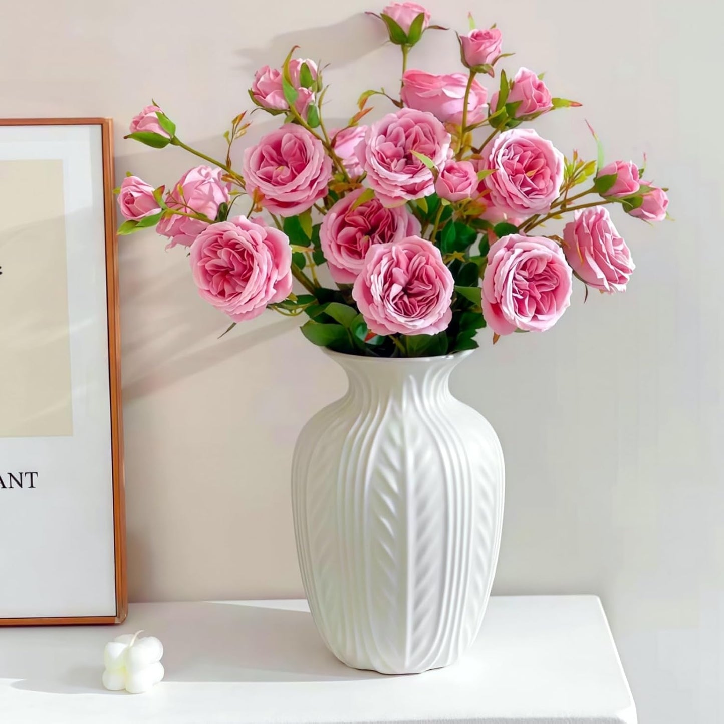 Matte White Ceramic Flower Vase, 10 Inch Unique Wheat Ear Textured Modern Large Vases for Trendy Home Decor Living Room Entryway Shelf Office Rustic Table Centerpiece (Matte White)