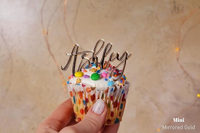 Acrylic Cake Charm, Personalized Cake Topper, Custom Cake Name, Wedding Cake Decoration, Birthday Party Favor Gold Cupcake Tag