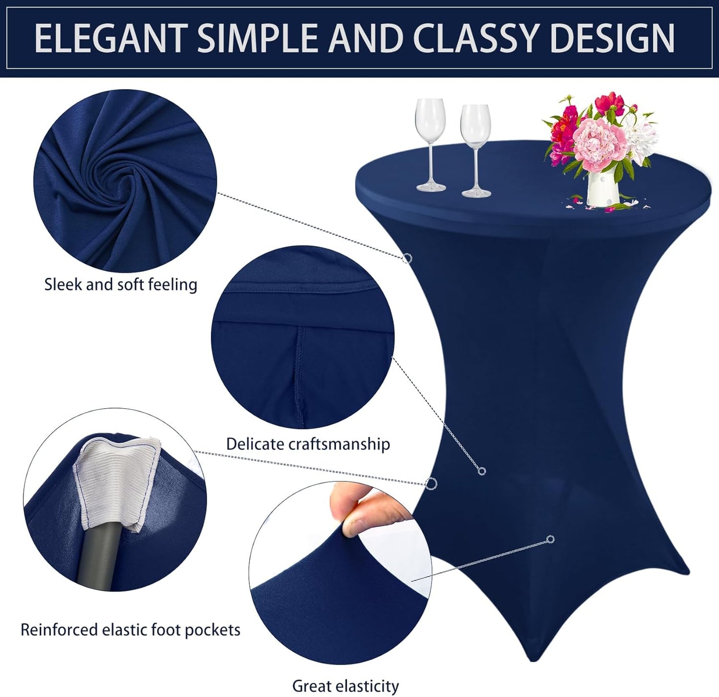 4 Pack Cocktail Spandex Tablecloth 32"x43" Cocktail Table Cover Fitted High Top Round Table for Bar Wedding Birthday Party Banquet (Navy Blue)