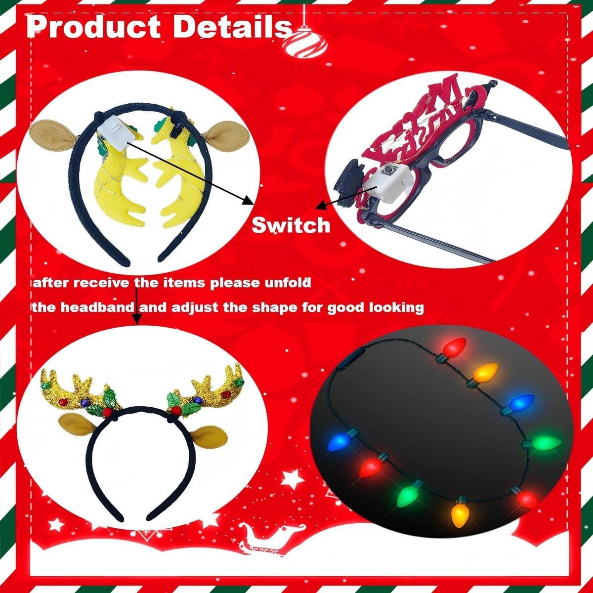 3 Pack Christmas Necklace Light Up Antlers Headband Glasses,Party Favors Accessories Stocking Stuffers