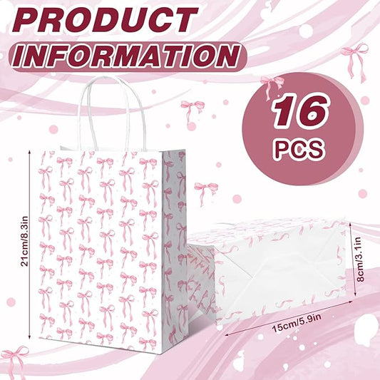 Kolldenn 16 Pcs Coquette Pink Bow Paper Gift Bags Women Mother's Day Birthday Favor Goodie Candy Bags with Handles for Bridal Engagement Baby Shower Party Supplies