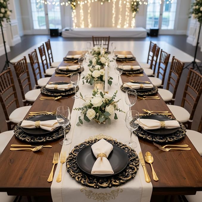Maxdot 6 Pcs 13" Mirror Charger Plates for Dinner Plates Plastic Round Embossed Edge Dinner Chargers for Table Setting Wedding Party Christmas Holiday Supplies Elegant Tabletop (Black and Gold)