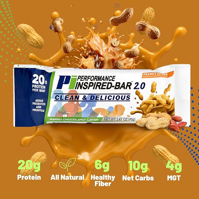 Performance Inspired Nutrition - Protein Bar 2.0 – Contains - 20G Protein - 6G Fiber - 4g MCTs - 1 Billion CFU Probiotics – 1G Prebiotics - G Free – BIG 70g Bar - Peanut Butter - 12Ct. Box