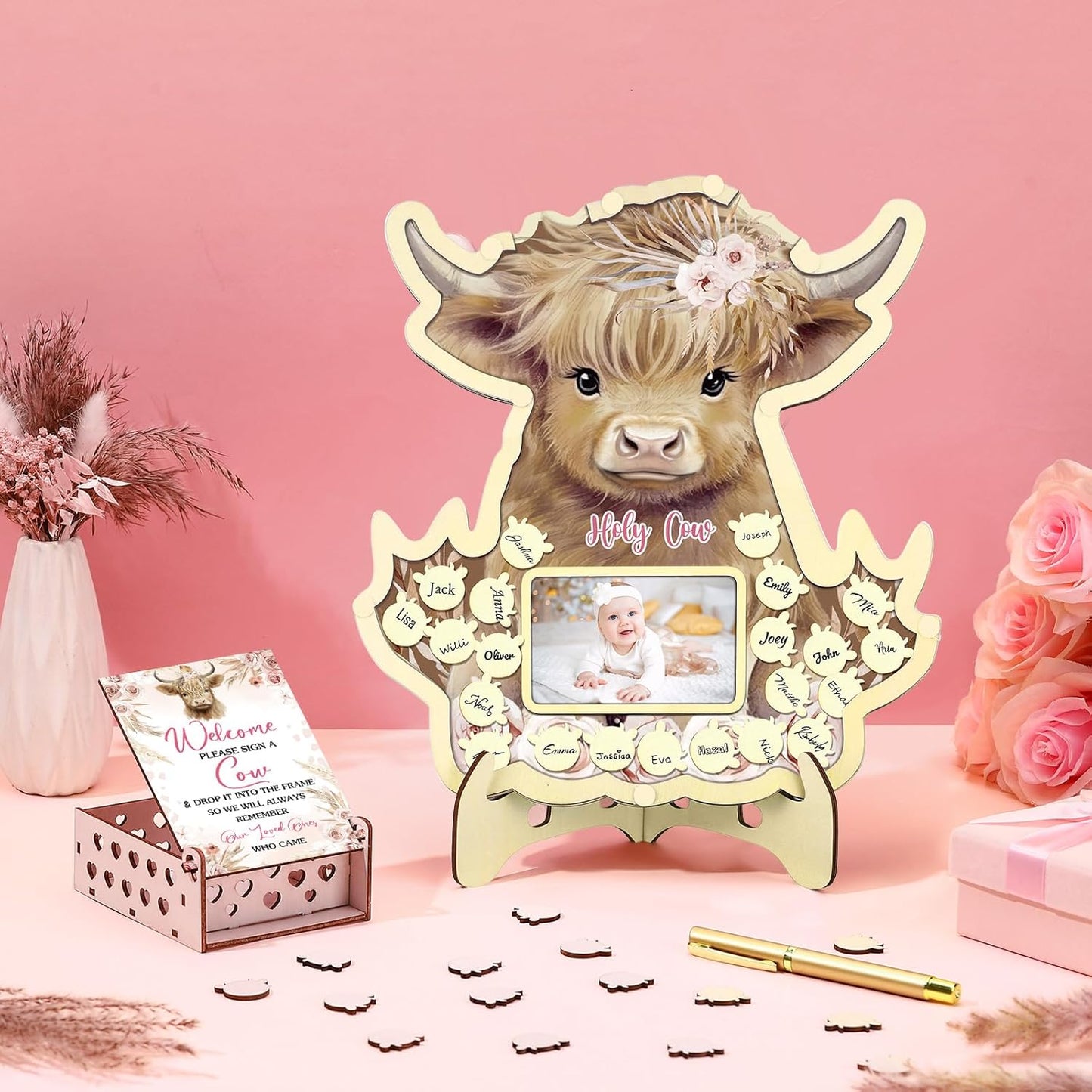 Wenqik 63 Pcs Highland Cow Baby Shower Guest Book Alternatives Set Baby Shower Decorations with Photo Frame Sonogram Frame Keepsake 60 Wood Slices Guest Book for Birthday