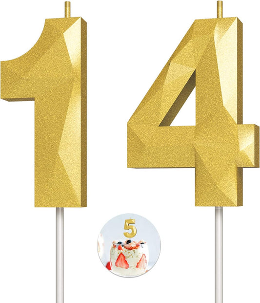 Number Birthday Candles(14 Candle Gold) 3D Diamond Shape Number Happy Birthday Cake Candles for Birthday Party Wedding Decoration Reunions Theme Party