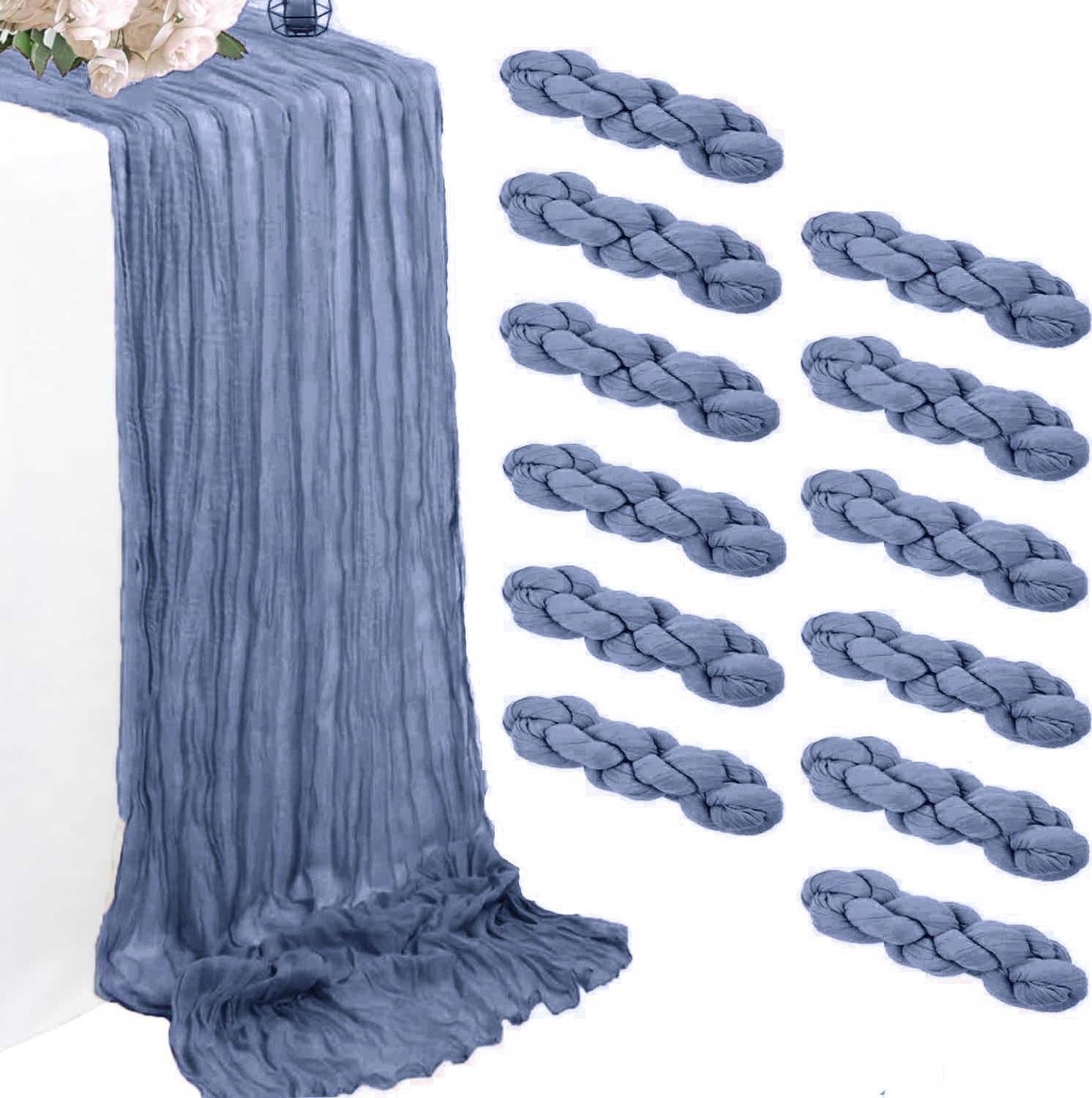 Gray Blue Cheesecloth Table Runner 12 Pack – 35 x 118 Inch Gauze Fabric Boho Table Runners for Wedding Arch, Rustic Bridal Shower, Baby Shower, Party Decorations, Farmhouse Home Decor