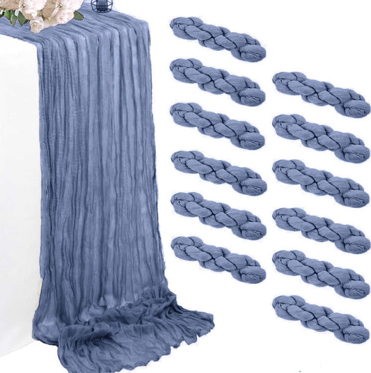 Gray Blue Cheesecloth Table Runner 12 Pack – 35 x 118 Inch Gauze Fabric Boho Table Runners for Wedding Arch, Rustic Bridal Shower, Baby Shower, Party Decorations, Farmhouse Home Decor