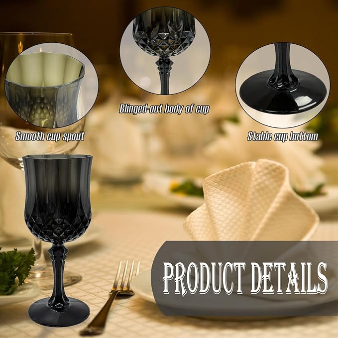 24 PCS Black Plastic Wine Glasses,Reusable Plastic Wine Glasses,Black Goblet Glass,Durable and Sturdy Cups Can Be Used for Various Parties Such as Weddings!