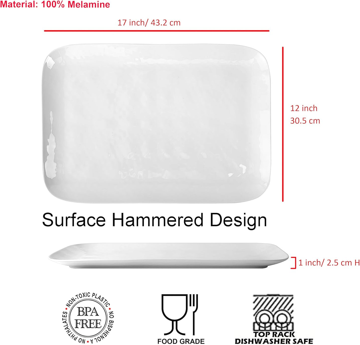 KX-WARE White Melamine Serving Trays (Set of 2) 17” x 12” | Large Reusable Rectangular Party Platters | Serve Appetizers, Fruit, Veggies, & Desserts | BPA-Free & Dishwasher Safe