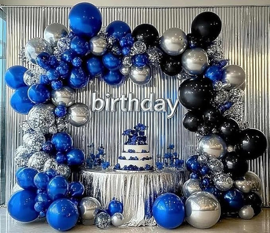Black Blue Balloon Garland, Double Stuffed Navy Royal Blue Black Metallic Silver Foil Balloon Arch Kit for Birthday Graduation Baby Shower Wedding Anniversary Party Decorations