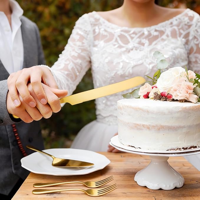 SUREAM Gold Cake Cutter 11 Inch, 4 Pieces Wedding Cake Cutting Set, Pie Server Utensil for Wedding, Birthday, Parties, Anniversary, Engagements