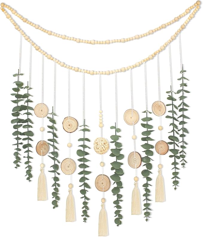 Artificial Eucalyptus Wall Decor with Wicker Ball Natural Boho Home Decorations Hanging Wooden Bead Garland for Large Bedroom Bathroom Living Room, 32 x 32 Inch