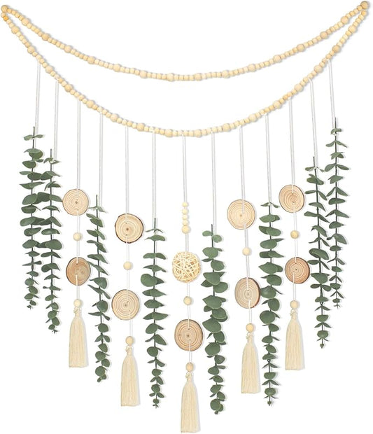Artificial Eucalyptus Wall Decor with Wicker Ball Natural Boho Home Decorations Hanging Wooden Bead Garland for Large Bedroom Bathroom Living Room, 32 x 32 Inch