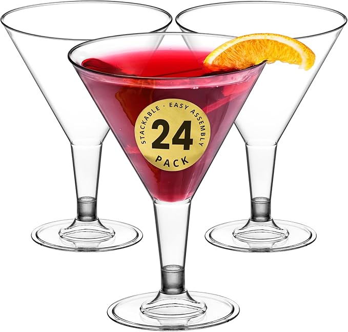 DecorRack 24 Martini Glasses, 7 oz -BPA Free- V-Shaped Plastic Glass, Perfect for Outdoor Parties, Weddings, Hosting, Stackable, Reusable, Disposable Stemmed Cups (Pack of 24)
