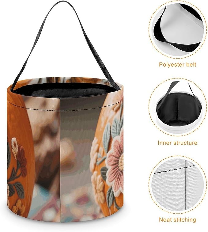 Halloween Candy Bucket - Fall Pumpkin Ethic Boho Floral Trick Or Treat Candy Bag, Gift Bag for Party Favor Supplies
