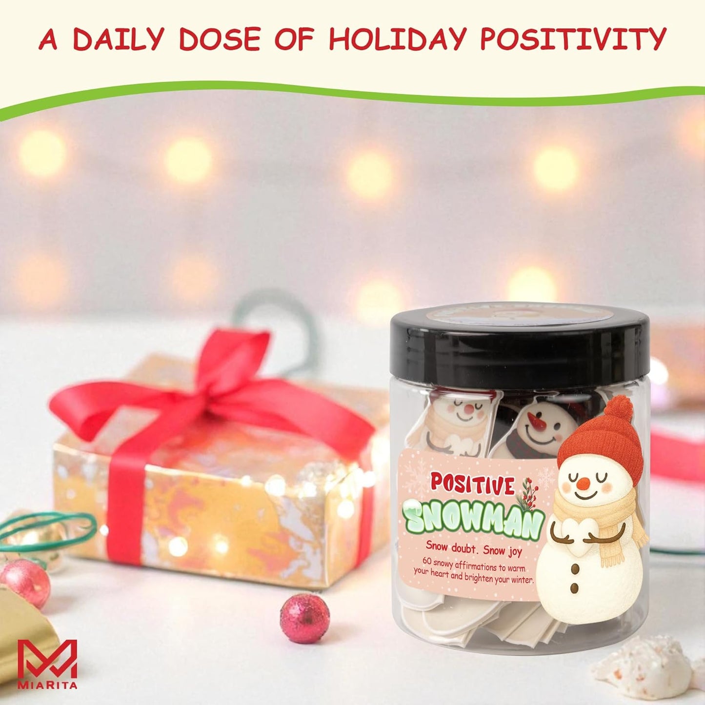 Positive Snowman Jar, 60 Snowy Affirmation Cards, for Women, Men, Teens & Coworkers, Holiday Friendship Gift Idea & Stocking Stuffers, White Elephant
