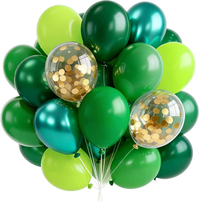 PartyWoo Green Balloons 65pcs 12 Inch Light Lime Dark Emerald Hunter Forest Metallic Green Gold Confetti Balloons for Baby Shower Wedding Engagement Jungle Woodland Birthday Party Decorations