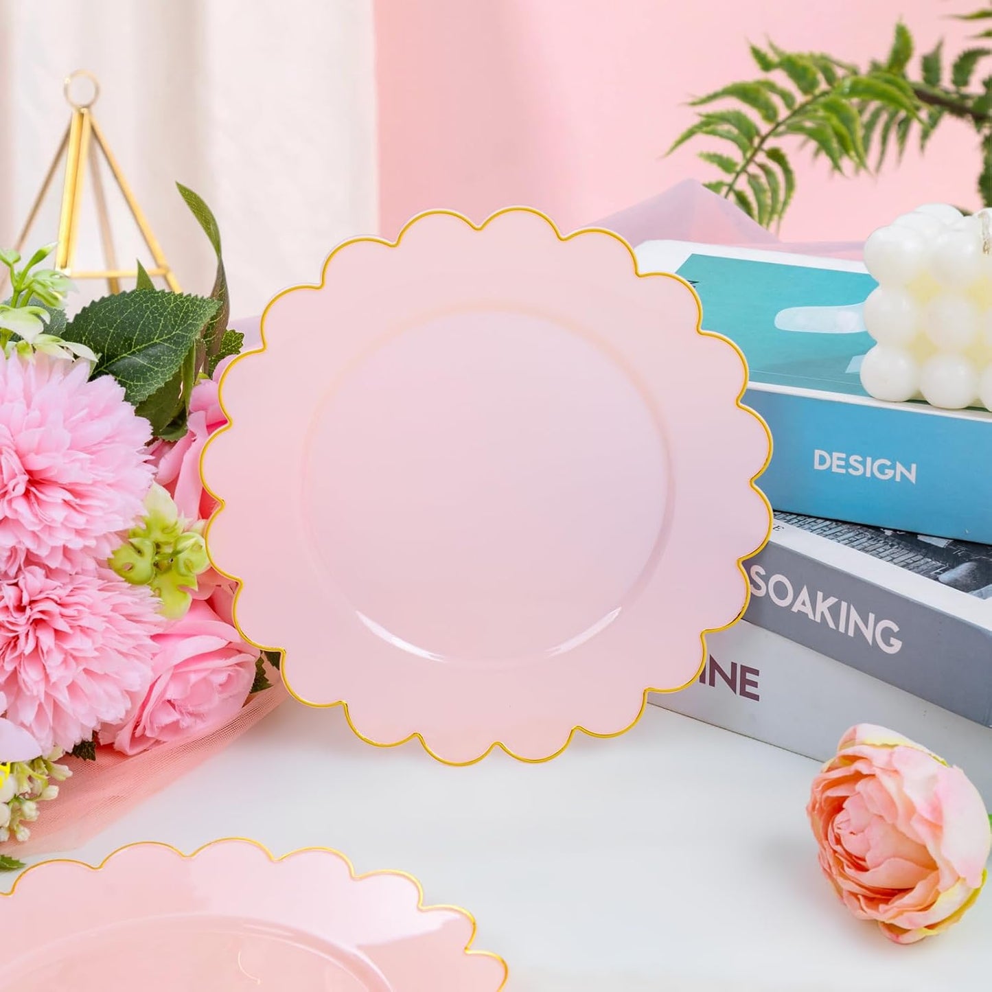 LIYH 100 Pcs 7.5" Pink Plastic Plates with Gold Disposable Pink Dessert Plates Gold Plastic Plate,Baby Shower Plate Set Suitable for Weddings Bridal Showers Afternoon Tea