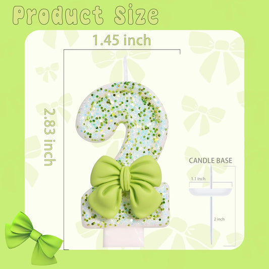 Birthday Candle for Cake, Green Bow Number Cake Candles, 2.76 inch Cake Topper Decoration for Birthday Party (Number 2)