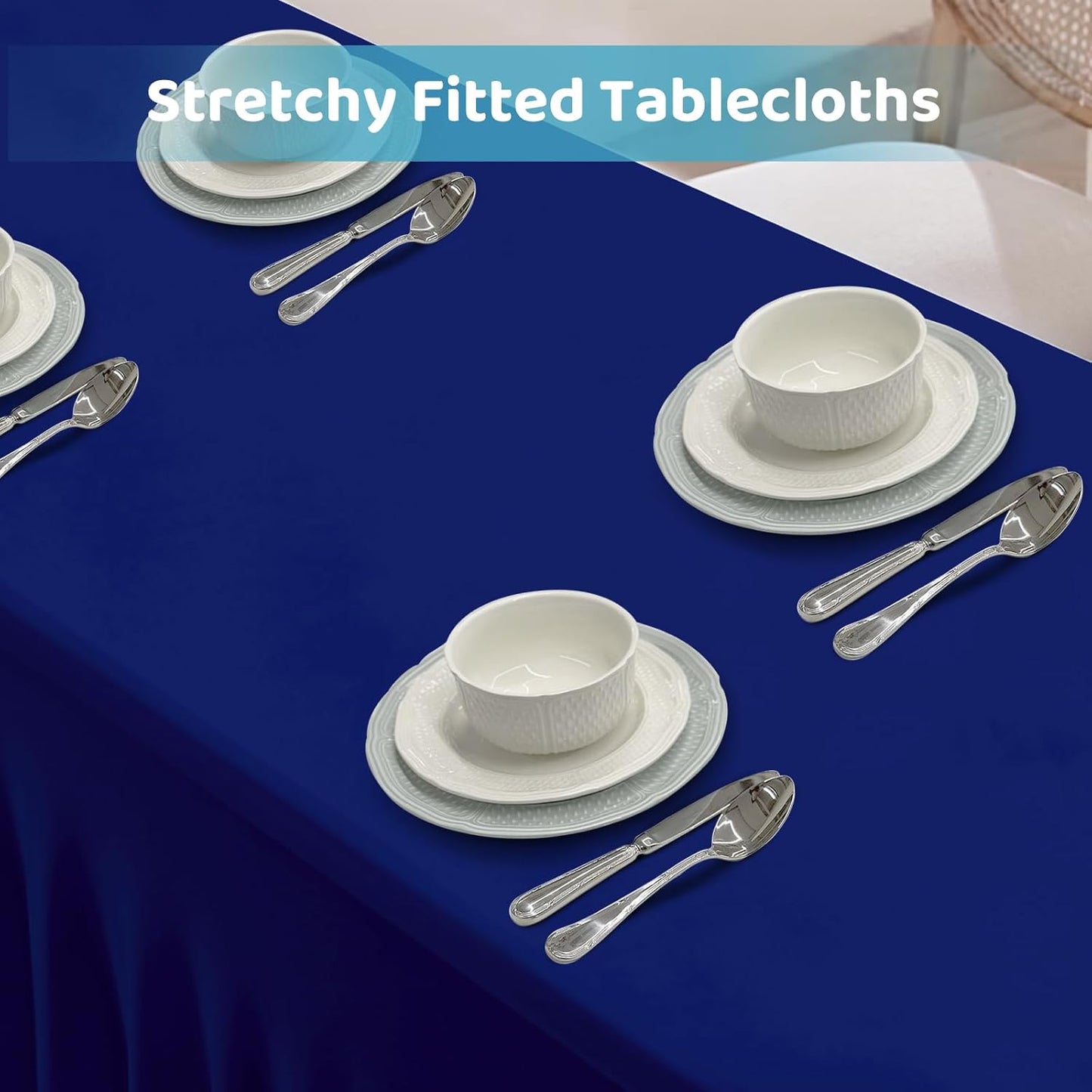 Table Skirts for 6ft Rectangle Tables - 2PCS Blue Table Covers for 6 Foot Tables, Wrinkle Resistant Ruffles Elastic Table Cloths and Table Skirt for Banquets/Weddings/Parties/Birthday