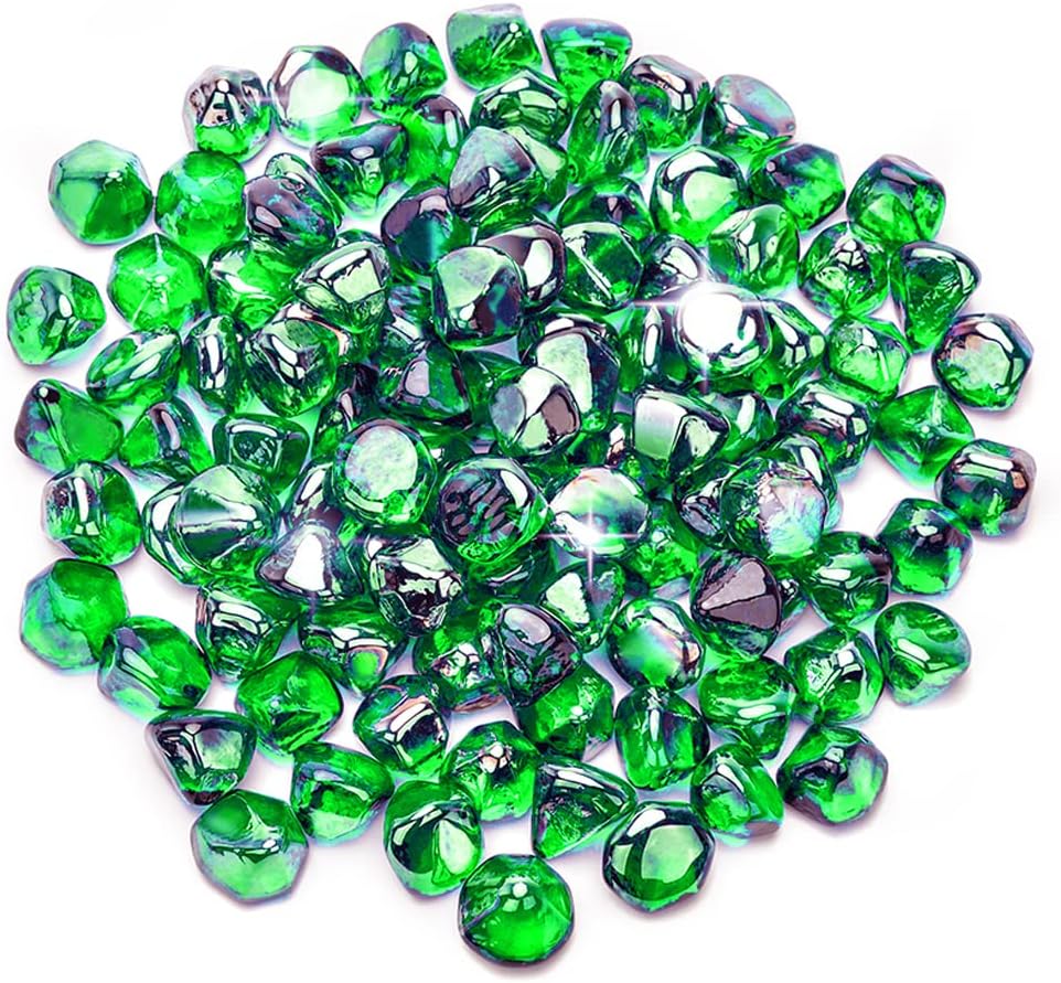 Mr. Fireglass 10 Pounds Blended Fire Glass Diamonds for Fireplace Fire Pit & Lanscaping - 1 inch Emerald Green Fire Rocks