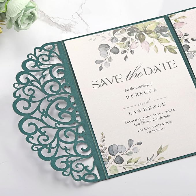 AdasBridal 50PCS Green Wedding Invitations with Envelopes and Rsvp Cards Laser Cut Invitations 4.9x7.1 Customized Invitation Cards Pearl Paper Inserts for Wedding Quinceanera Bridal Shower Party