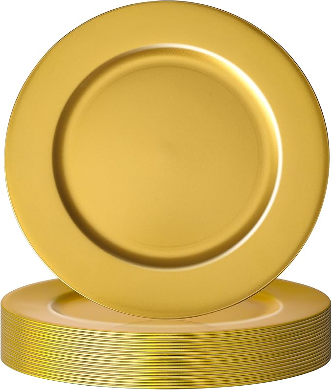 18 Pcs Golden Charger Plates Bulk,13 Inch Plastic Gold Dinner Round Tray Charger Tableware Dish for Table Setting Wedding Holidays Party Decor