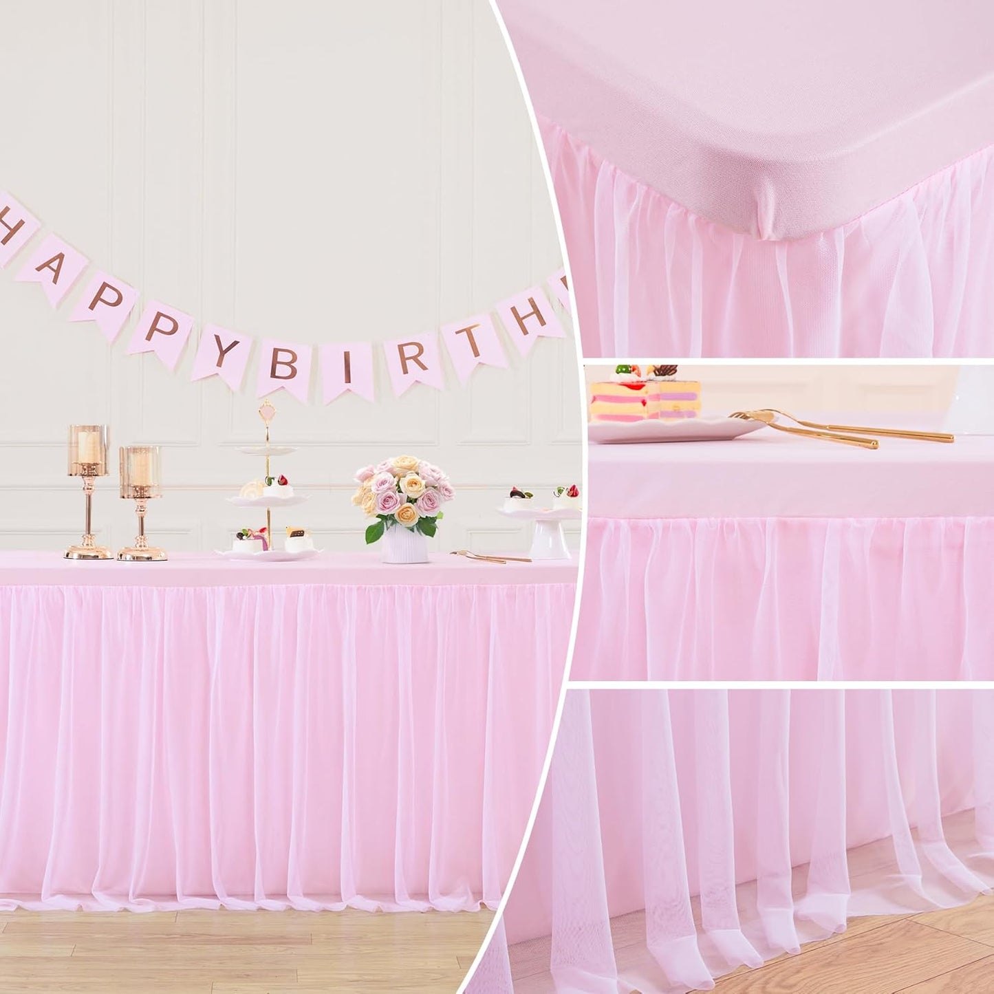 Suppromo Pink Tulle Tablecloth for 4 Foot Rectangular Tables, 48 x 24 Inch White Rectangle Table Cloth, Wrinkle Free Table Cover with Tutu Skirt for Wedding Birthday Party Banquet Tablecover