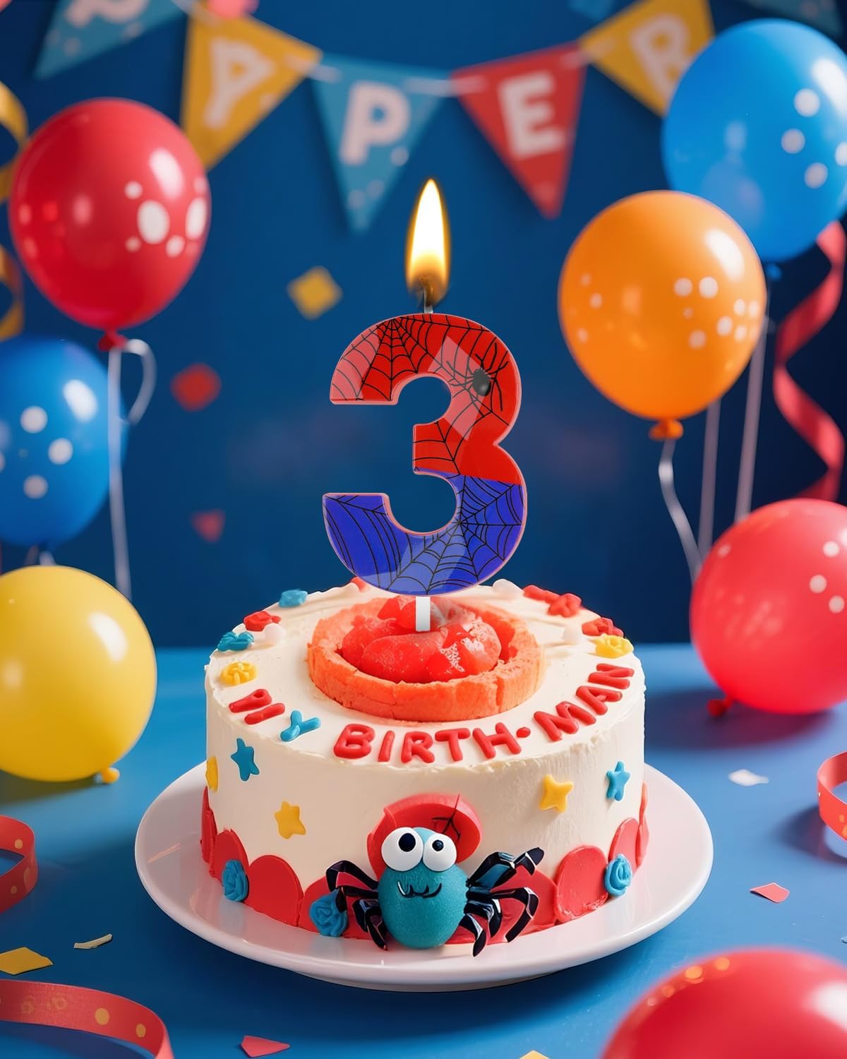 Number 3 Spider Themed Birthday Candle, 2.68 Inch Red Blue Spider Birthday Candles, Number Candles Birthday Cake Toppers Web Candles for Boy Girl Spider Party Decoration Supplies Halloween Party