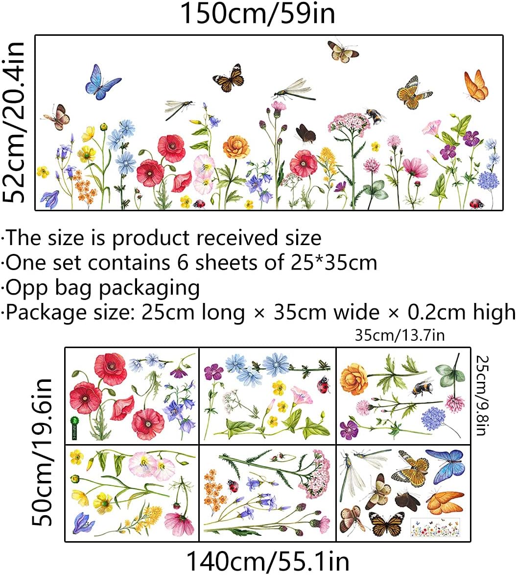 6 Pieces Flowers Wall Decals Vinyl Flowers Wall Stickers Removable Floral Murals Peel and Stick Colorful Flower Decor for Girls Bedroom Living Room Nursery (Butterfly and Dragonfly)
