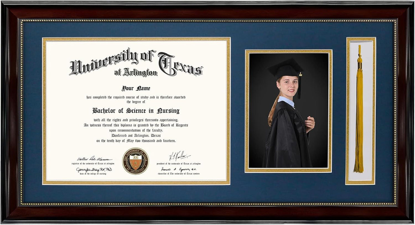 GraduationMall 11x22 Mahogany Diploma Frame with Tassel Holder and Picture for 8.5x11 Certificate 5x7 Photo,Real Glass,Navy over Gold Mat