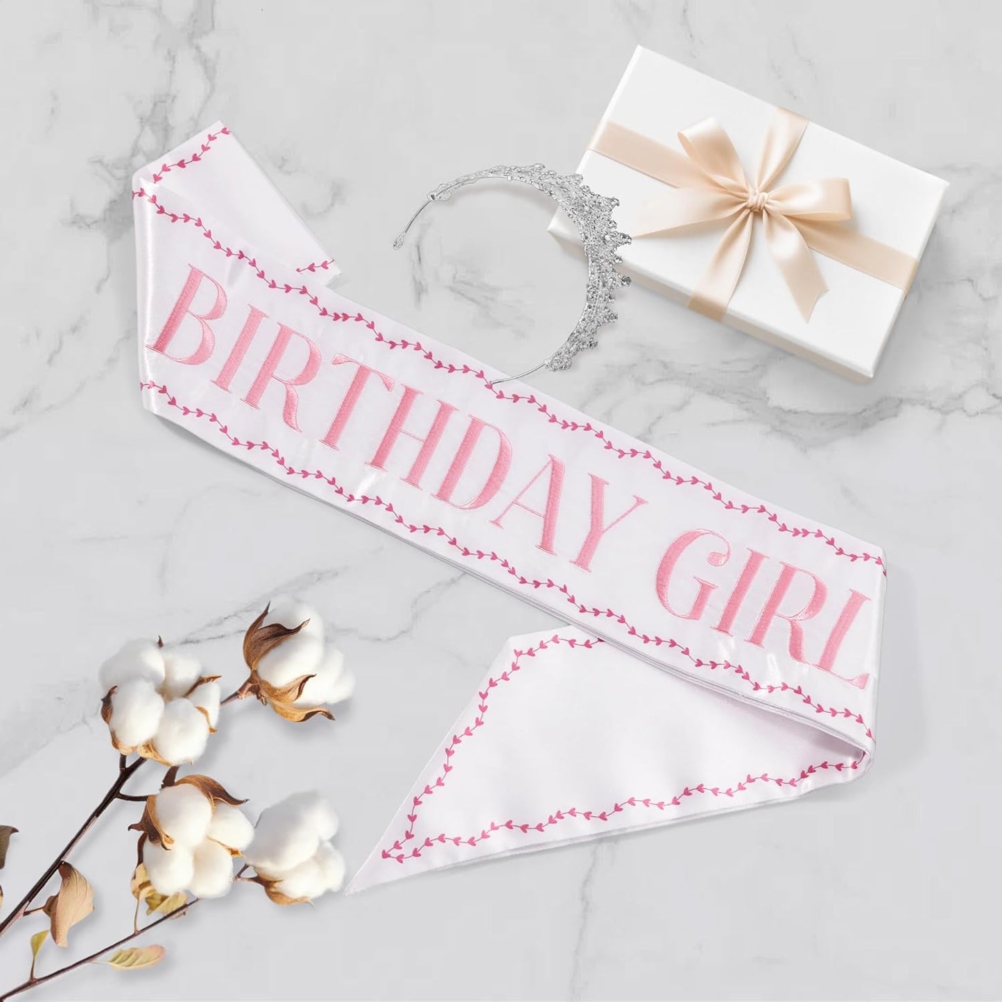 Birthday Girl Sash and Tiara Set – Embroidered Sash with Colored Trim and Silver Rhinestone Tiara – Birthday Party Accessories and Gifts for Women & Girls