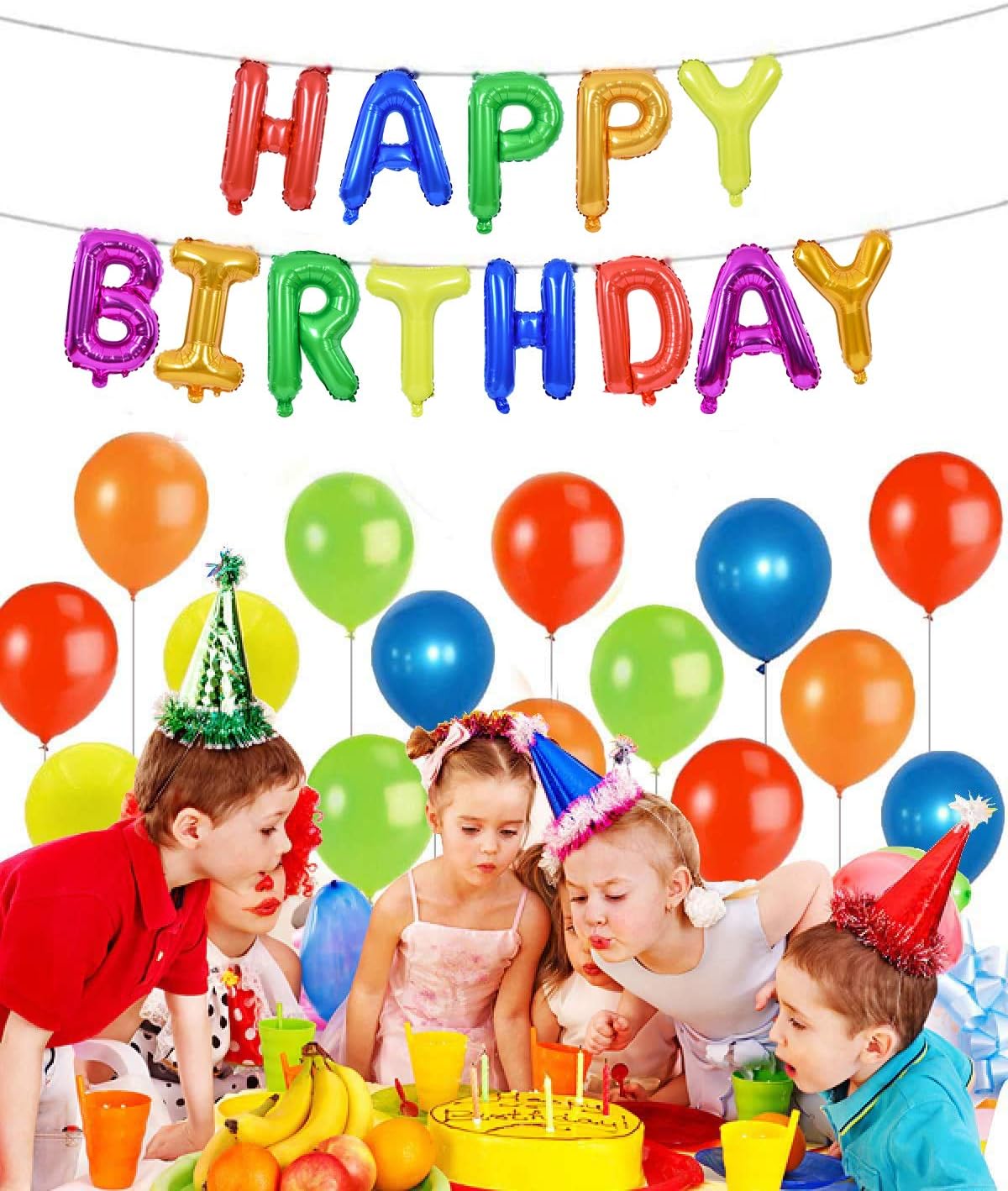 TONIFUL 7 Color Rainbow Happy Birthday Balloons Banner, 16 Inches Colorful Mylar Foil Letter Sign Balloons Banner Bunting for Girls Boys Kids & Adults Birthday Decorations