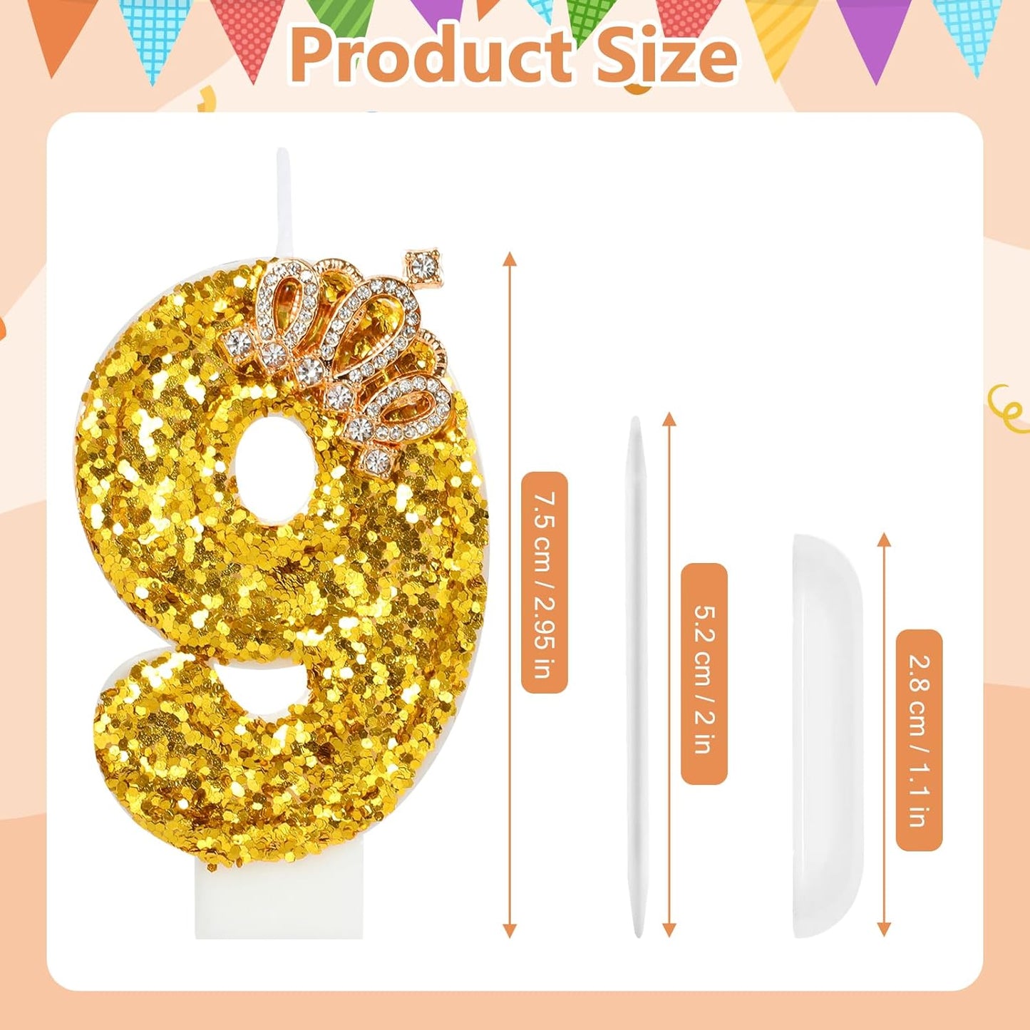 Gold Birthday Candle Crown Number 9 Candle with Sequins Cake Candles Cupcake Decorations Party Decor for Anniversary Celebrations Supplies