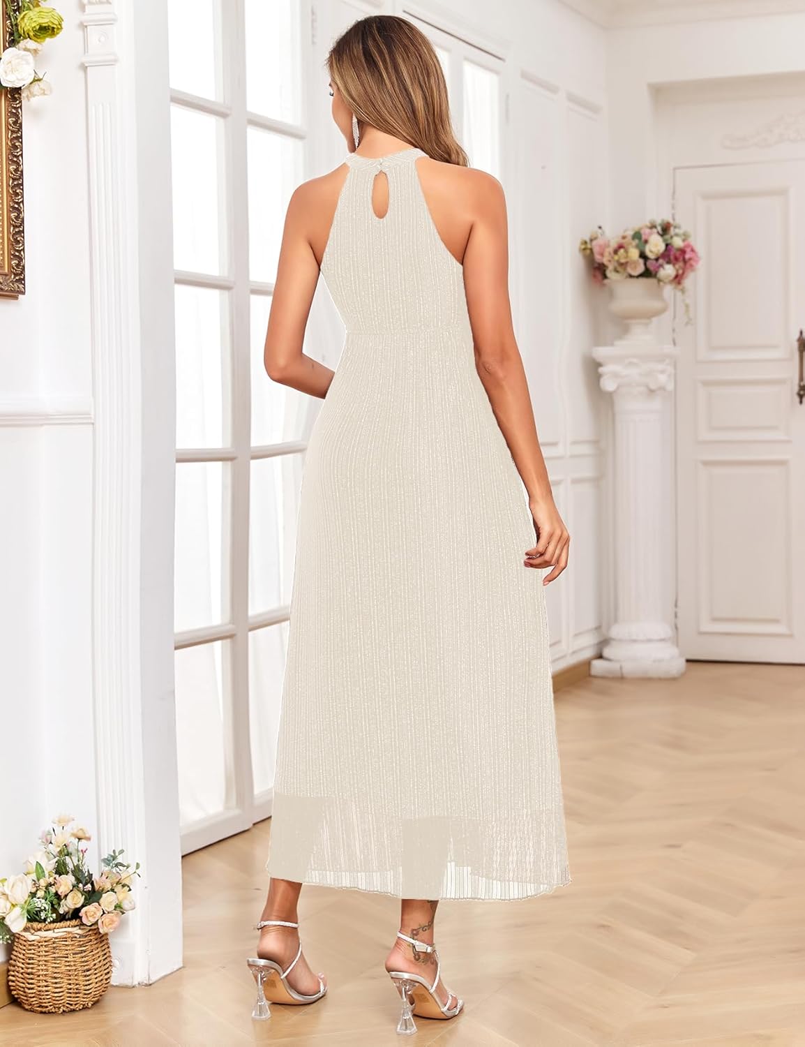 Maternity Sparkly Mesh Dress Halter Neck Sleeveless A Line Pregnancy Dresses Semi Formal Baby Shower Photoshoot
