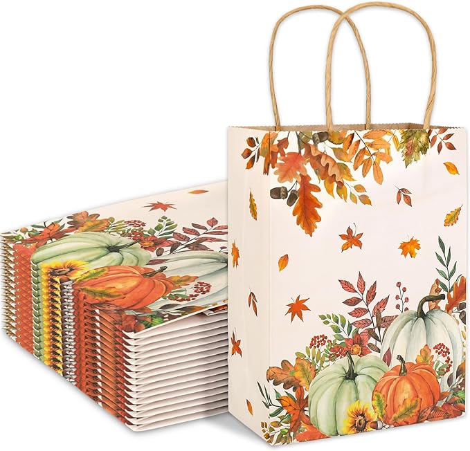 JarThenaAMCS 24Pcs Fall Kraft Paper Gift Bags Pumpkin Maple Leaves Treat Bags with Handles Grocery Shopping Bags Candy Goodie Bags for Autumn Thanksgiving Baby Shower Birthday Party Favors Supplies