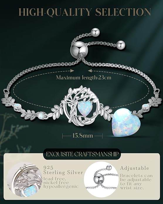 FANCIME Valentines Day Gift Tree of life Birthstone Bracelet for Women Sterling Silver Tree Jewelry Birthstone Charm Bracelet Gemstone Anniversary Birthday Gifts for Wife Mom Her