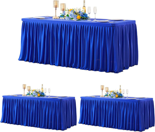 3 Pack Royal Blue Polyester Table Clothes for 6 Foot Rectangle Tables, Wrinkle Free Fitted Table Cover with Pleated Ruffle Table Skirt for Party Baby Shower Wedding Birthday Event Display