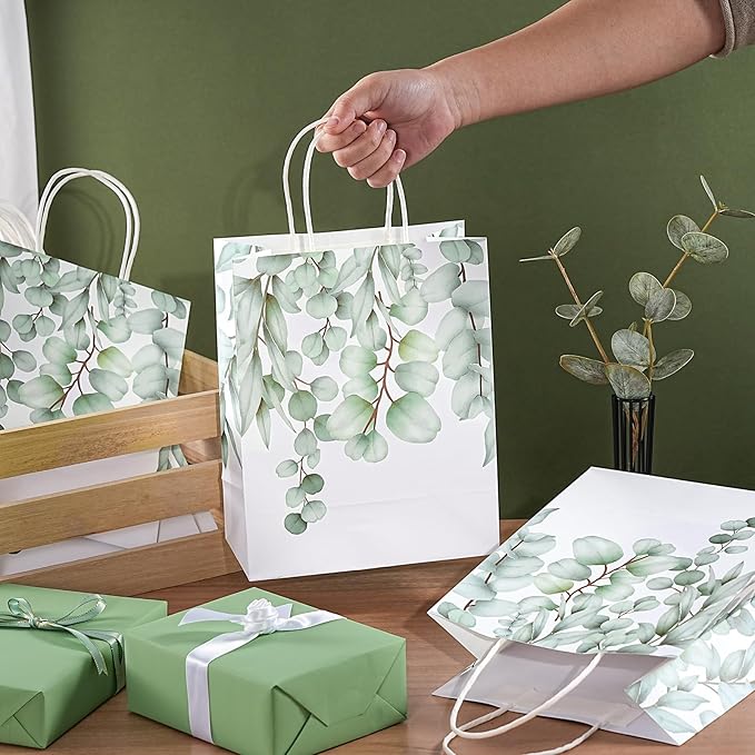 Loveinside Eucalyptus Leaves Paper Gift Bag, Delicate Green Leaves Deisgn with Handles Grocery Shopping Bags Candy Goodie Bags for Birthday, Wedding, Spring, Mother's Day, 8" x 4" x 10", 12 Pcs