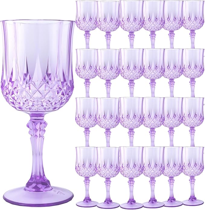 Plastic Wine Glasses, Plastic Goblets Vintage Style Cordial Unbreakable Drinking Glasses, Reusable Drinkware for Wedding Reception, Grand Event Party Supplies, Easter (24, Purple)