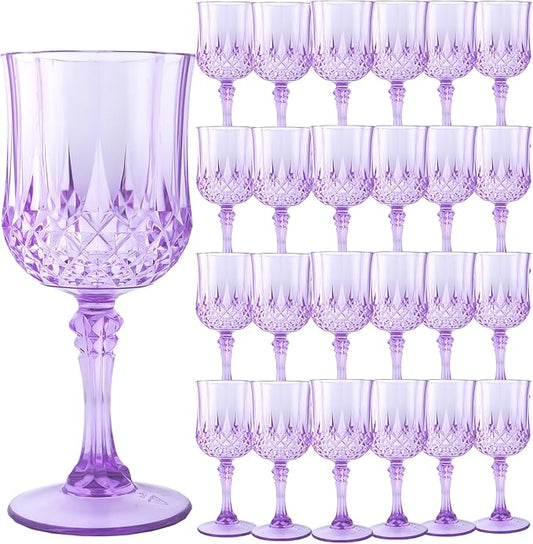 Plastic Wine Glasses, Plastic Goblets Vintage Style Cordial Unbreakable Drinking Glasses, Reusable Drinkware for Wedding Reception, Grand Event Party Supplies, Easter (24, Purple)