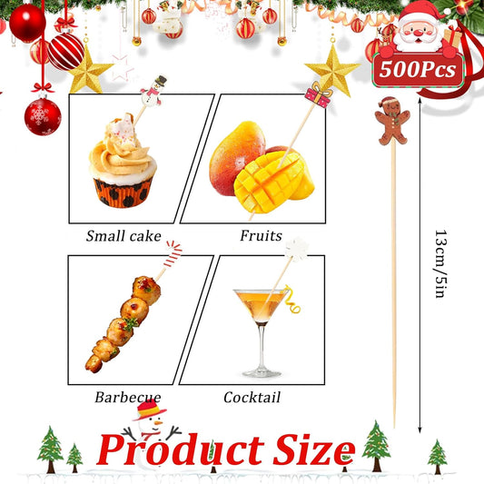 500 Pieces Christmas Cocktail Picks Bamboo Sticks Long Toothpicks for Appetizers for Drinks 4.7 Inch Bamboo Skewers for Appetizers Charcuterie Boards Accessories