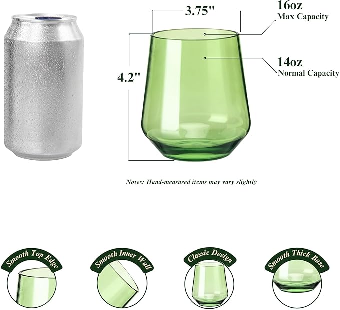 16oz Colorful Stemless Wines Cups (Set of 6), Shatter-Proof Acrylic Glasses Drinkware, Reusable Plastic Bar Glasses, BPA-Free, Dishwasher-Safe
