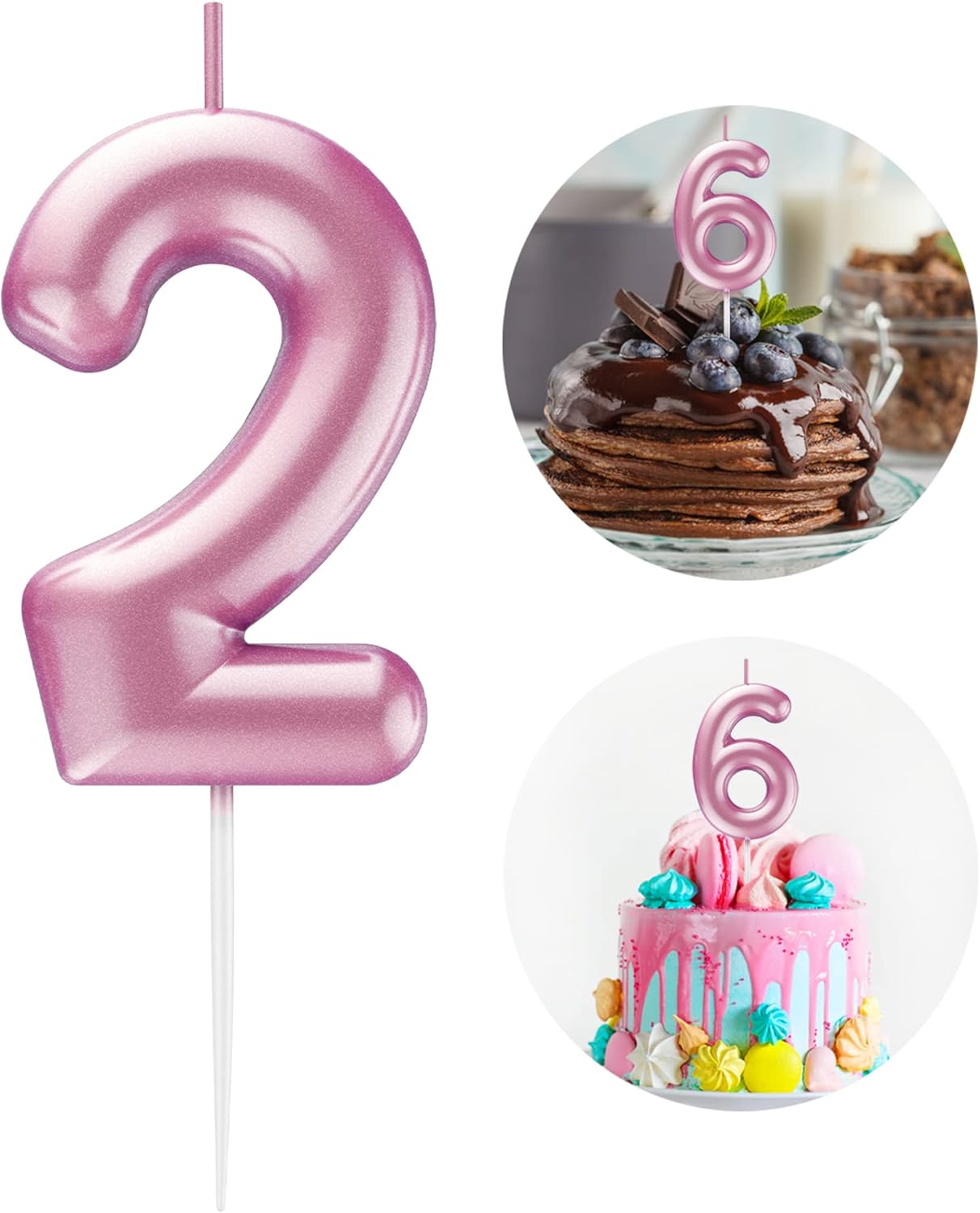 Pink Number 2 Candle Happy Birthday 3D Number Candles for Birthday Cake Party Decoration Wedding Anniversary Celebration Supplies
